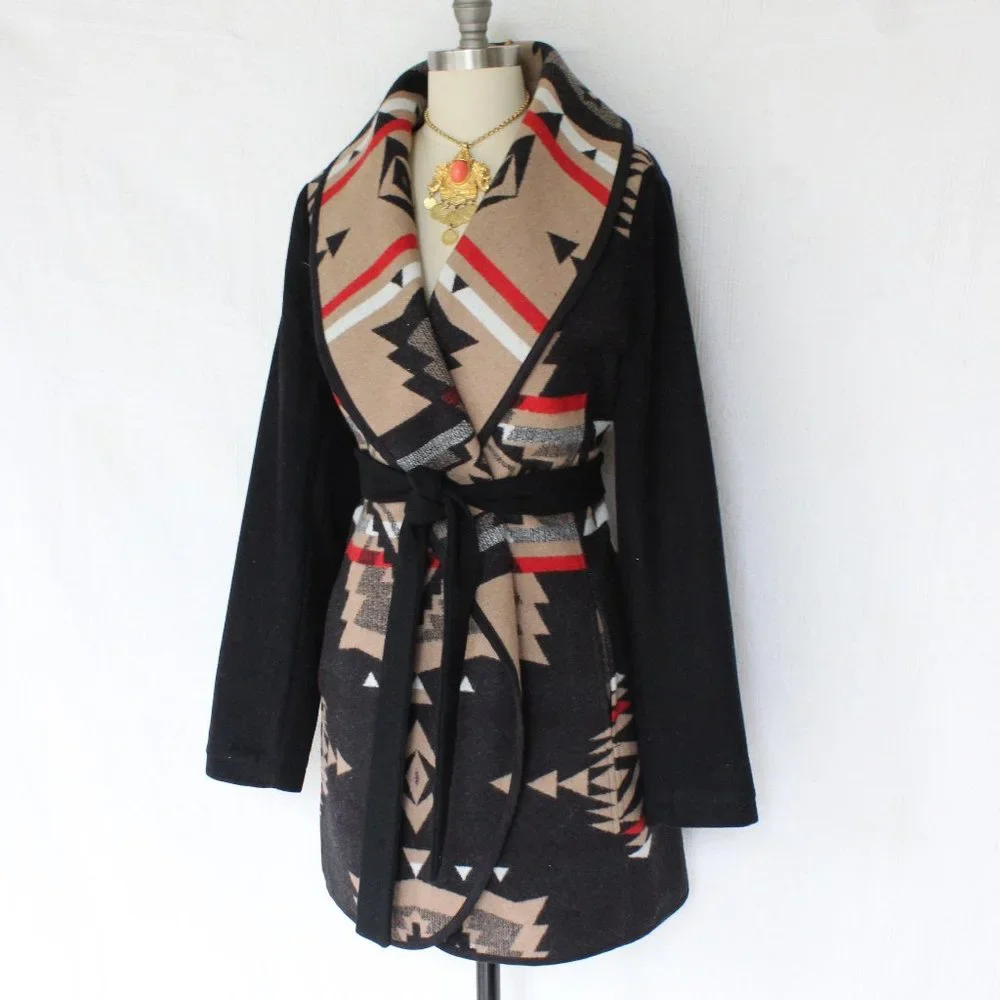 Pendleton wool blanket tribal Aztec southwest tribal wrap jacket coat cardigan - Picture 6 of 10